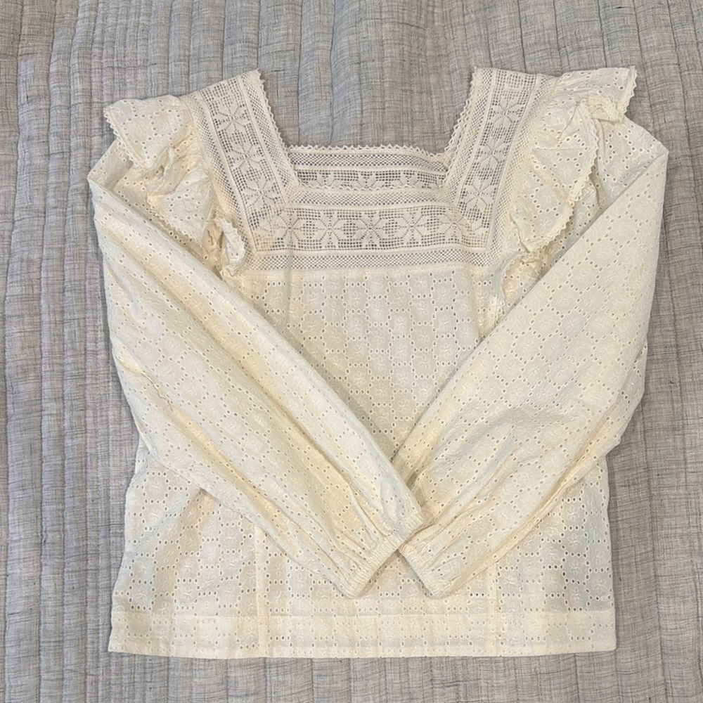 Madewell Cream Ruffled Blouse with Flutter Sleeves